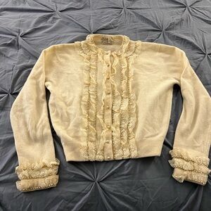 Vintage Cashmere sweater/cardigan with lace and pearls-some stains